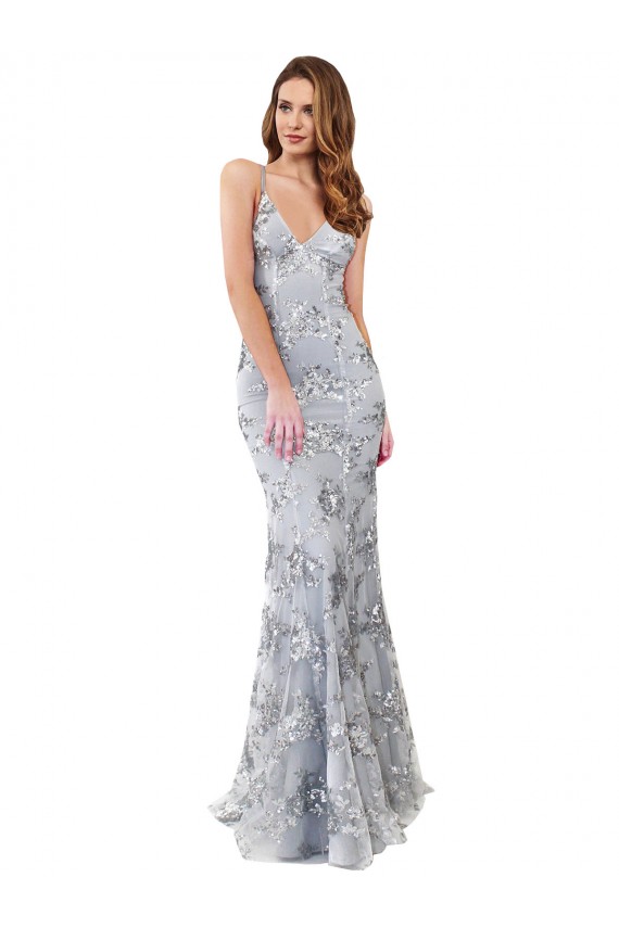 Argento Stile sirena Alto Collo Crespo Elastico Paillettes Tulle Lunga Formali Abiti da damigella donore / Abiti da sera / Abiti da ballo Economici