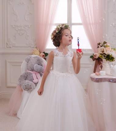 Avorio Abito da ballo Alto Collo Tulle Pizzo Lunga Abiti da ragazza di fiori Economici