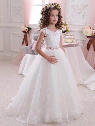 Avorio Abito da ballo Alto Collo Tulle Pizzo Lunga Abiti da ragazza di fiori Economici
