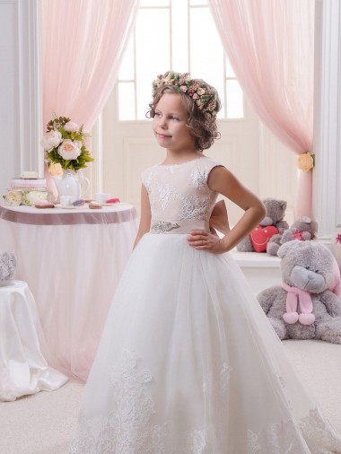 Avorio Abito da ballo Barca Tulle Pizzo Lunga Abiti da ragazza di fiori Economici