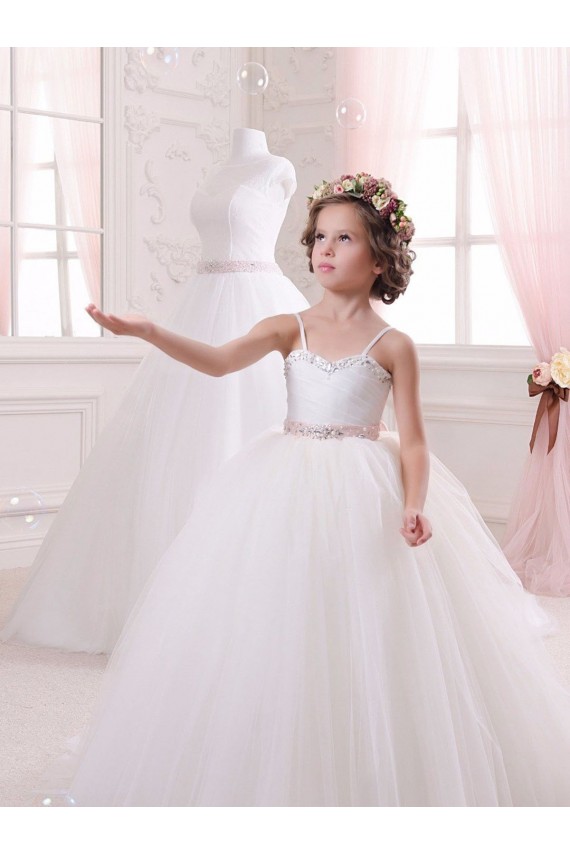Avorio Abito da ballo Innamorato Tulle Lunga Abiti da ragazza di fiori Economici