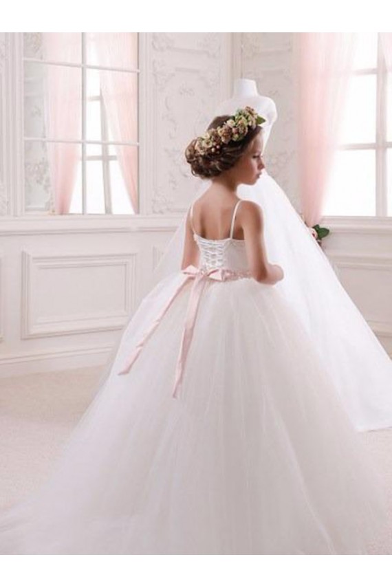 Avorio Abito da ballo Innamorato Tulle Lunga Abiti da ragazza di fiori Economici