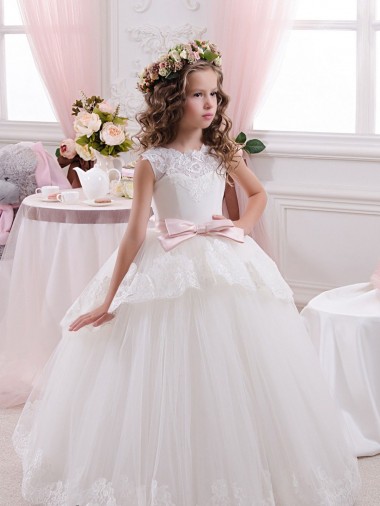Avorio Abito da ballo Innamorato Tulle Pizzo Lunga Abiti da ragazza di fiori Economici