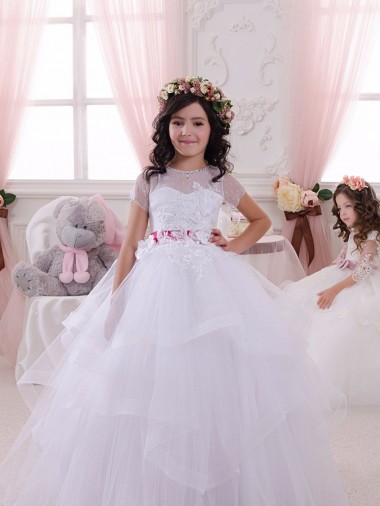 Avorio Abito da ballo Innamorato Tulle Pizzo Lunga Abiti da ragazza di fiori Economici