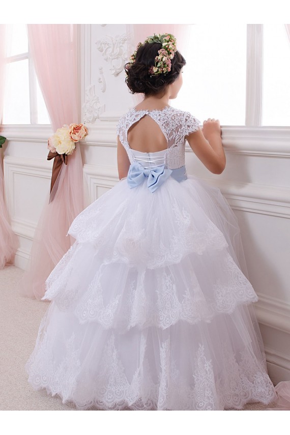 Avorio Abito da ballo Innamorato Tulle Pizzo Lunga Abiti da ragazza di fiori Economici
