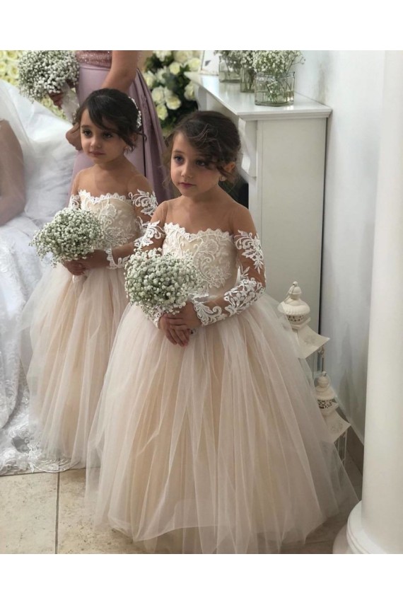 Avorio Abito da ballo Innamorato Tulle Pizzo Lunga Abiti da ragazza di fiori Economici