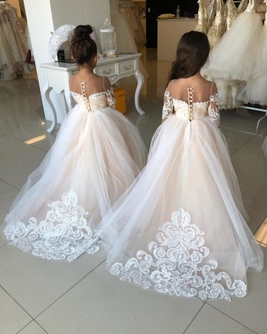Avorio Abito da ballo Innamorato Tulle Pizzo Lunga Abiti da ragazza di fiori Economici