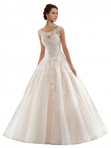 Avorio & Champagne Abito da ballo Barca Tulle Pizzo Abiti da sposa Economici