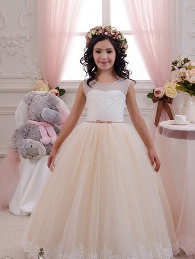 Avorio & Champagne Abito da ballo Innamorato Tulle Pizzo Lunga Abiti da ragazza di fiori Economici