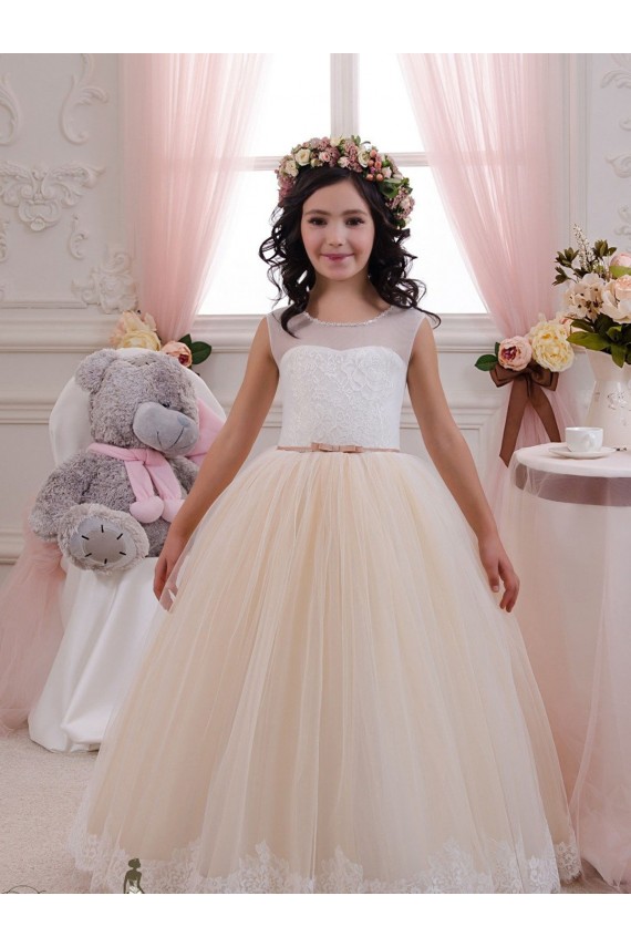Avorio & Champagne Abito da ballo Innamorato Tulle Pizzo Lunga Abiti da ragazza di fiori Economici