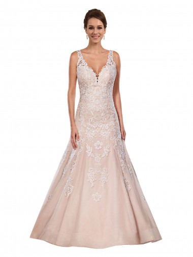Avorio & Champagne Linea A Scollatura a V Pizzo Classico Abiti da sposa Economici