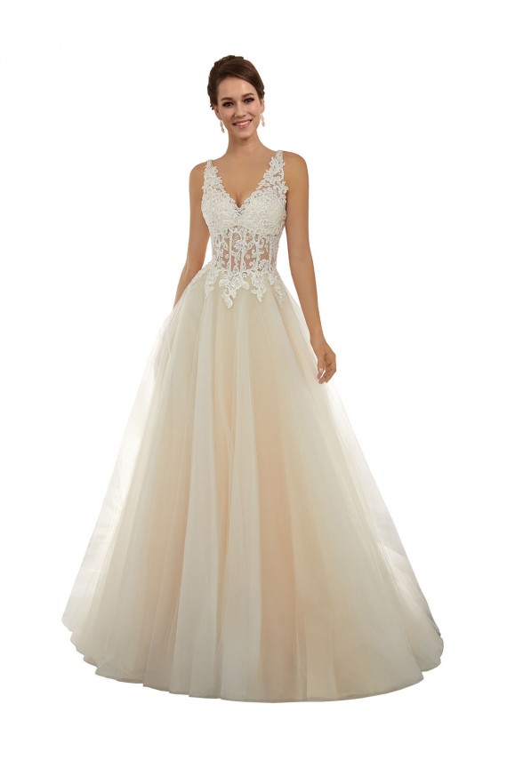 Avorio & Champagne Linea A Scollatura a V Tulle Pizzo Classico Abiti da sposa Economici
