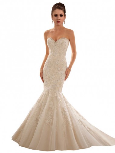 Avorio & Champagne Stile sirena Innamorato Tulle Pizzo Abiti da sposa Economici