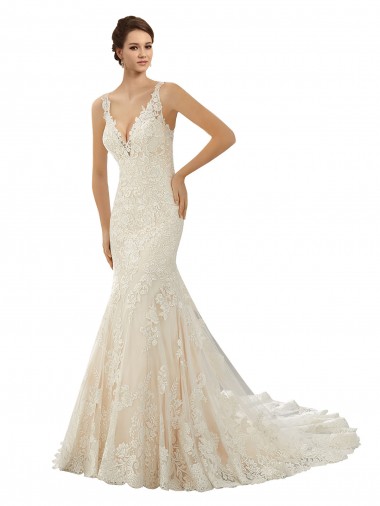 Avorio & Champagne Stile sirena Scollatura a V Pizzo Abiti da sposa Economici