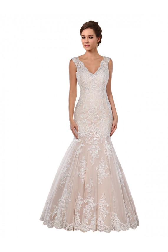 Avorio & Champagne Stile sirena Scollatura a V Pizzo Classico Abiti da sposa Economici