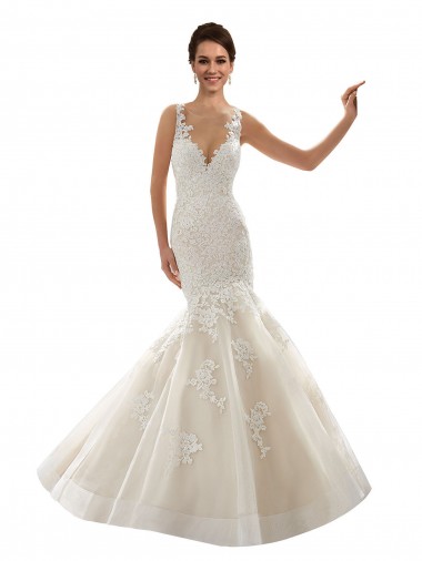Avorio & Champagne Stile sirena Scollatura a V Tulle Pizzo Classico Abiti da sposa Economici