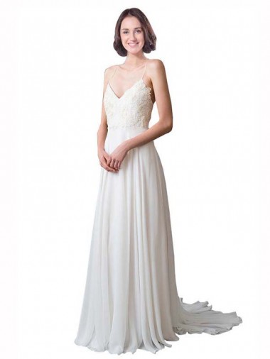 Avorio Linea A Sottili Scollatura a V Chiffona Pizzo Spiaggia Abiti da sposa Economici