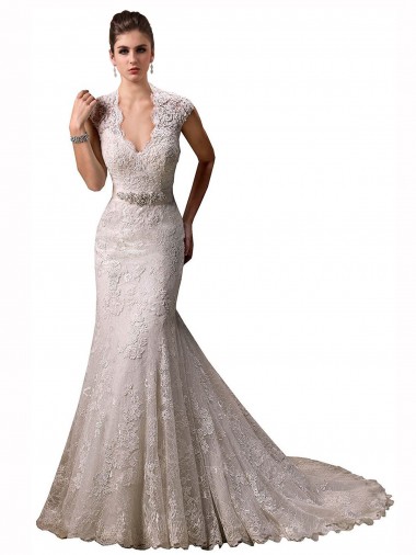 Avorio Stile sirena Capestro Scollatura a V Pizzo Abiti da sposa Economici