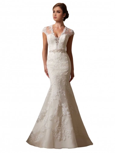 Avorio Stile sirena Illusione Scollatura a V Tulle Pizzo Abiti da sposa Economici