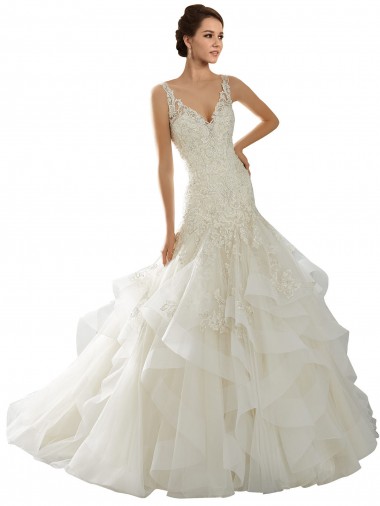 Avorio Stile sirena Scollatura a V Tulle Abiti da sposa Economici