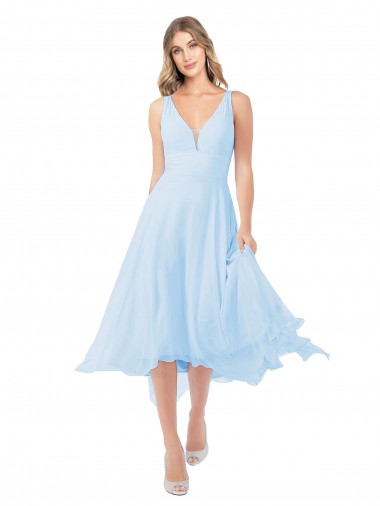 Azzurro cielo Linea A Scollatura a V Midi Chiffona Corto Abiti da damigella donore / Abiti da cocktail Economici