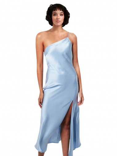 Azzurro cielo Linea A Una spalla Midi Raso Setoso Corto Abiti da damigella donore / Abiti da sera / Abiti da cocktail Economici