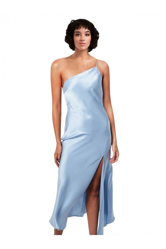 Azzurro cielo Linea A Una spalla Midi Raso Setoso Corto Abiti da damigella donore / Abiti da sera / Abiti da cocktail Economici