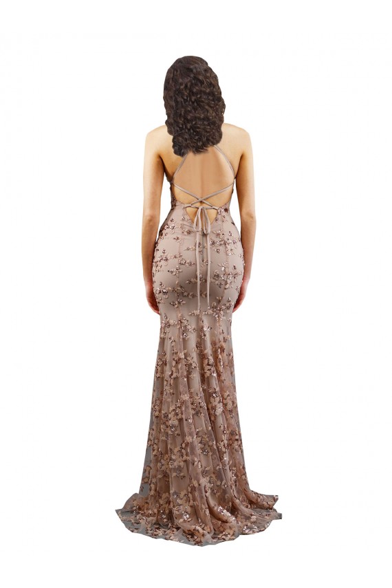 Oro rosa Stile sirena Alto Collo Crespo Elastico Paillettes Tulle Lunga Formali Abiti da damigella donore / Abiti da sera / Abiti da ballo Economici