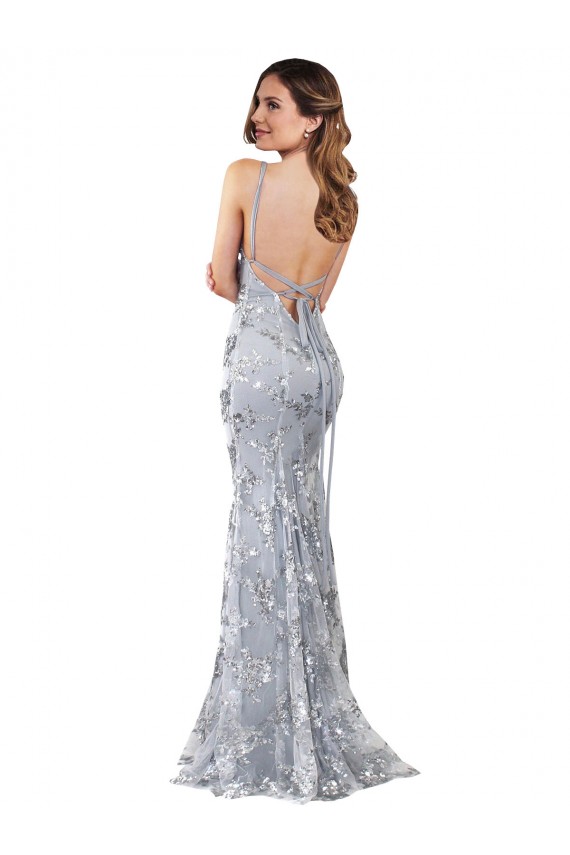 Argento Stile sirena Alto Collo Crespo Elastico Paillettes Tulle Lunga Formali Abiti da damigella donore / Abiti da sera / Abiti da ballo Economici