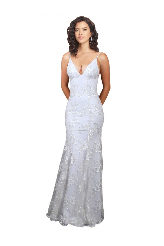 Bianco Stile sirena Alto Collo Crespo Elastico Paillettes Tulle Lunga Formali Abiti da damigella donore / Abiti da sera / Abiti da ballo Economici