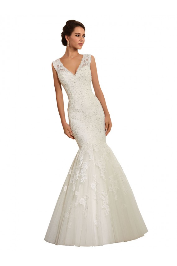 Bianco Stile sirena Scollatura a V Tulle Pizzo Abiti da sposa Economici