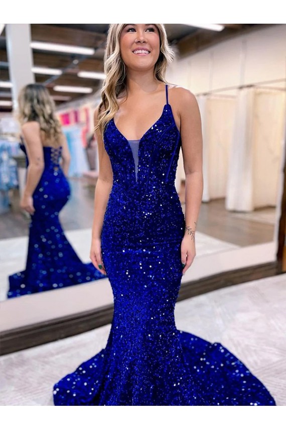 Blu Reale Stile sirena Scollatura a V Paillettes Velluto Lunga Abiti da ballo Economici