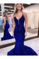 Blu Reale Stile sirena Scollatura a V Paillettes Velluto Lunga Abiti da ballo Economici