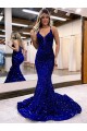 Blu Reale Stile sirena Scollatura a V Paillettes Velluto Lunga Abiti da ballo Economici