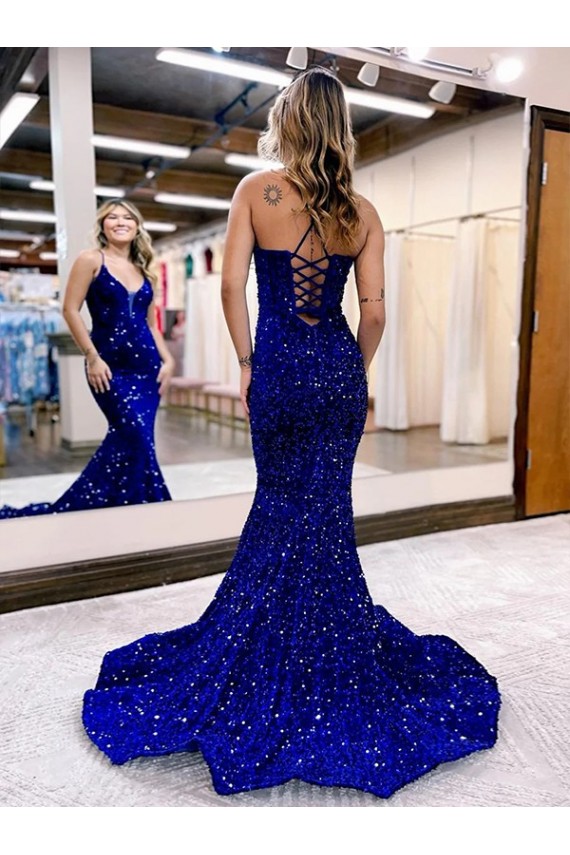 Blu Reale Stile sirena Scollatura a V Paillettes Velluto Lunga Abiti da ballo Economici