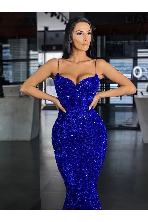 Blu Reale Stile sirena Sottili Sweep treno Paillettes Velluto Lunga Abiti da ballo Economici