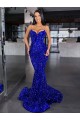 Blu Reale Stile sirena Sottili Sweep treno Paillettes Velluto Lunga Abiti da ballo Economici