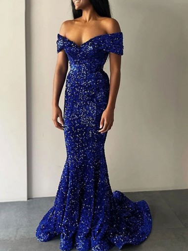 Blu Reale Stile sirena Sweep treno Paillettes Velluto Lunga Abiti da ballo Economici