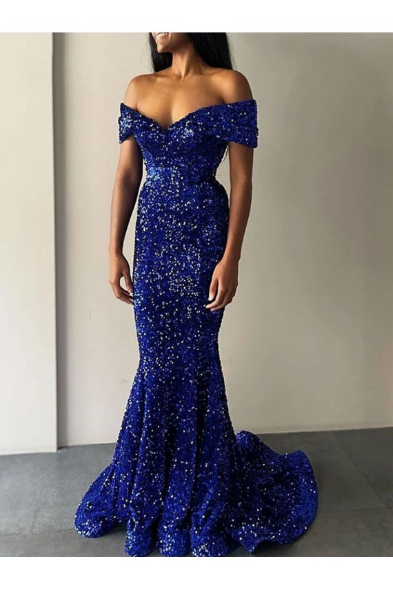 Blu Reale Stile sirena Sweep treno Paillettes Velluto Lunga Abiti da ballo Economici