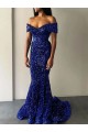 Blu Reale Stile sirena Sweep treno Paillettes Velluto Lunga Abiti da ballo Economici