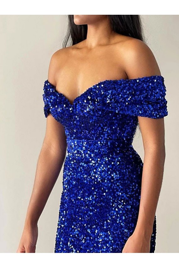 Blu Reale Stile sirena Sweep treno Paillettes Velluto Lunga Abiti da ballo Economici
