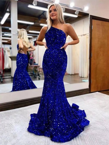 Blu Reale Stile sirena Una spalla Sweep treno Paillettes Velluto Lunga Abiti da ballo Economici