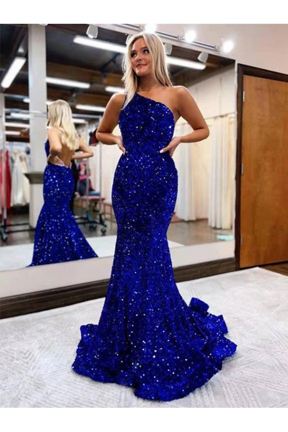 Blu Reale Stile sirena Una spalla Sweep treno Paillettes Velluto Lunga Abiti da ballo Economici