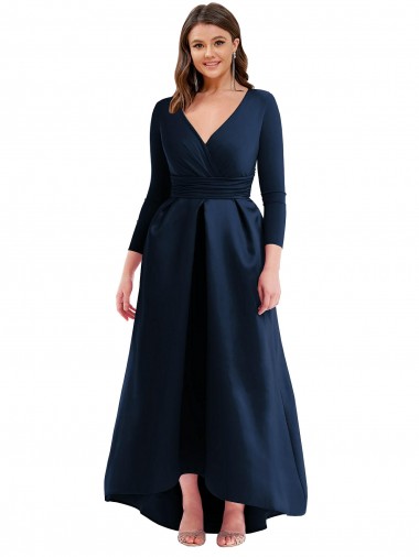 Blu marino scuro Abito da ballo Scollatura a V Spandex Lunga Asimmetrico Formali Abiti da damigella donore / Abiti da sera / Abiti da ballo Economici