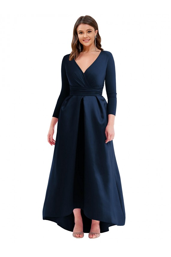 Blu marino scuro Abito da ballo Scollatura a V Spandex Lunga Asimmetrico Formali Abiti da damigella donore / Abiti da sera / Abiti da ballo Economici