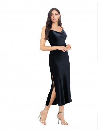 Blu marino scuro Colonna Cappuccio Midi Velluto Elastico Corto Abiti da damigella donore / Abiti da sera / Abiti da cocktail Economici