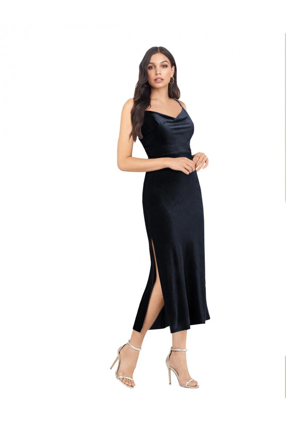 Blu marino scuro Colonna Cappuccio Midi Velluto Elastico Corto Abiti da damigella donore / Abiti da sera / Abiti da cocktail Economici