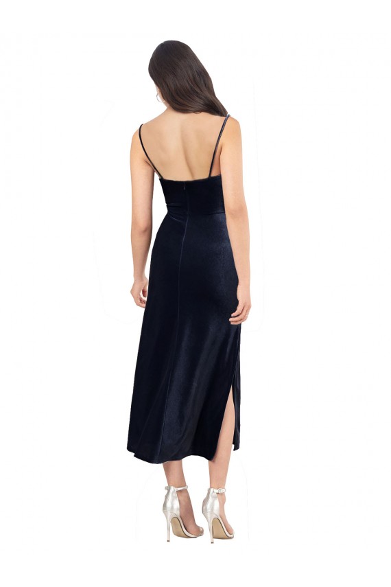 Blu marino scuro Colonna Cappuccio Midi Velluto Elastico Corto Abiti da damigella donore / Abiti da sera / Abiti da cocktail Economici