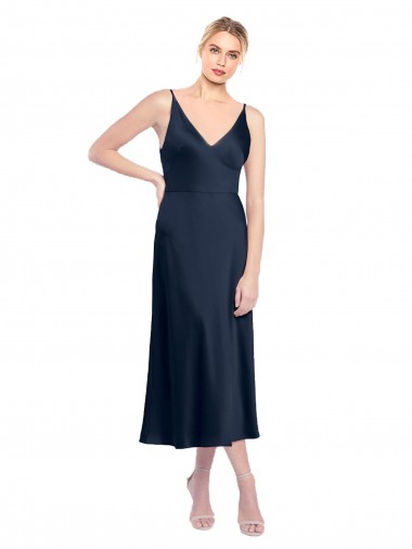 Blu marino scuro Linea A Scollatura a V Midi Raso Elastico Corto Abiti da damigella donore / Abiti da sera / Abiti da cocktail Economici