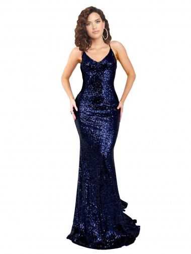Blu marino scuro Stile sirena Scollatura a V Paillettes Lunga Formali Abiti da damigella donore / Abiti da sera / Abiti da ballo Economici